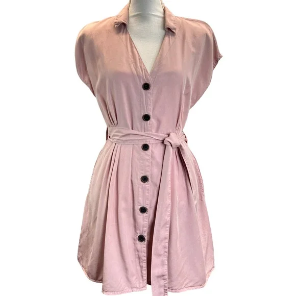 Zara Belted Mini Dress Pink Size S Button Front V Neck Lightweight Dolman Sleeve - Picture 4 of 11